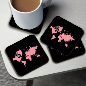 Gepersonaliseerde hoogglans onderzetters, vierkante onderzetter, ronde koffie-onderzetter, gepersonaliseerd cadeau met naam, roze wereldkaart, Wanderlust