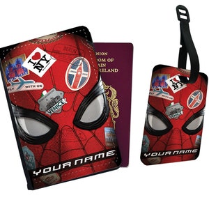 Gepersonaliseerde paspoorthoes, aangepast bagagelabel met je naam, Marvel-reisset, Avengers Amazing Spiderman - voeg je naam toe!