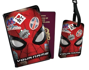 Copertina personalizzata per passaporto, etichetta bagaglio personalizzata con il tuo nome, set da viaggio Marvel, Avengers Amazing Spiderman - Aggiungi il tuo nome!