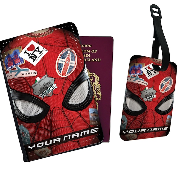 Étui pour passeport personnalisé, étiquette de bagage personnalisée avec votre nom, ensemble de voyage Marvel, Avengers Amazing Spiderman - Ajoutez votre nom !