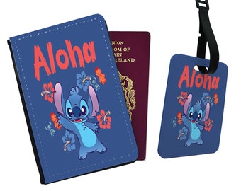 Personalised Stylish Faux Leather Passport Cover & Luggage Tag With Your Name - Disney Aloha Lilo and Stitch Ohana