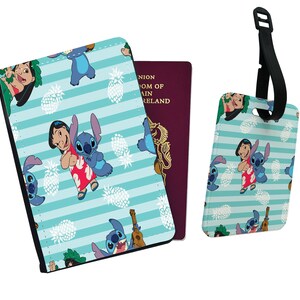 Personalised Stylish Faux Leather Passport Cover & Luggage Tag With Your Name - Disney Lilo and Stitch Ohana