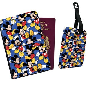 Personalised Faux Leather Passport Cover and Luggage Tag, Disney Mickey Mouse, Travel Accessory Gift Set, First Holiday Travel Set
