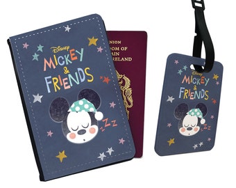 Personalised Stylish Faux Leather Passport Cover & Luggage Tag - Travel Accessories Gift - Disney Mickey Mouse and Friends