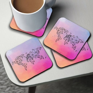 Personalised High Gloss Cup Coasters, Square Drink Coaster, Round Coffee Coaster, Custom Gift with Name, World Map, World Traveller