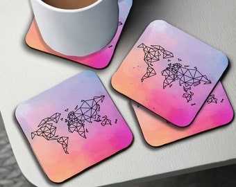Personalised High Gloss Cup Coasters, Square Drink Coaster, Round Coffee Coaster, Custom Gift with Name, World Map, World Traveller