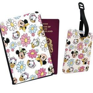 Personalised Faux Leather Passport Cover and Luggage Tag, Disney Cute Minnie Mouse and Daisy, Gift for her, Travel Accessories Gift Set