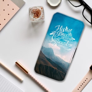 Portemonnee-telefoonhoes met kaartinzet voor iPhone en Samsung, bijbelvers 2 Korintiërs 12:9, op de bijbel geïnspireerd telefoonhoesje Kies je eigen vers