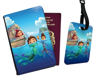 Personalised Faux Leather Passport Cover and Luggage Tag, Travel Accessory Gift, Custom Travel Gift, Disney Luca, Friends Adventure