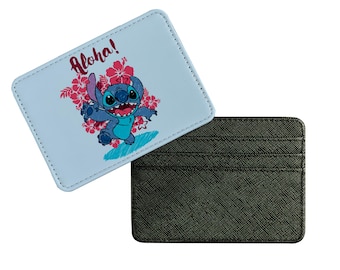 Slim Faux Leather Leather Card Holder, Personalised Credit Card Wallet, Custom Gift for her & him, Disney Stitch Aloha!