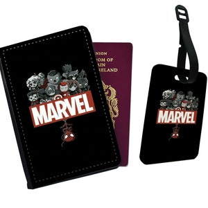 May include: Black passport holder and luggage tag with a group of Marvel characters in a heart shape with the word "MARVEL" in red letters.  A red spider-man is hanging from the bottom of the heart.