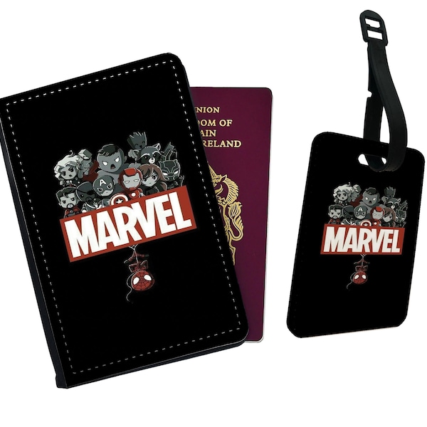 Élégant étui pour passeport et étiquette de bagage en similicuir personnalisé avec votre nom - Bandes dessinées rétro Marvel Avengers