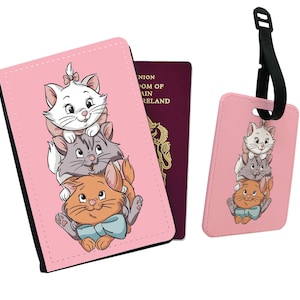 Paspoortomslag en -kaartje, gepersonaliseerde paspoorthouder, aangepast bagagelabel, Disney Aristocats, schattige Marie en haar vrienden, cadeau voor haar