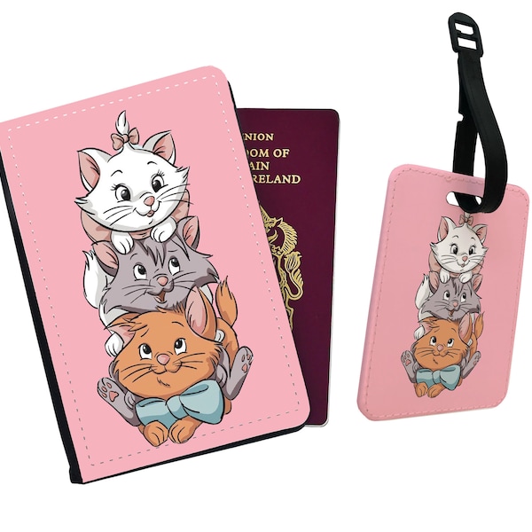 Etui et étiquette pour passeport, Porte-passeport personnalisé, Etiquette à bagage personnalisée, Aristochats Disney, Jolie Marie et ses amis, Cadeau pour elle