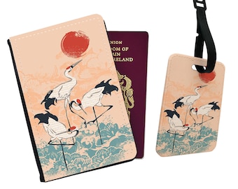 Élégant étui pour passeport et étiquette à bagage personnalisé en similicuir - Cadeau d'accessoires de voyage - Grue japonaise vintage dessinant la bonne fortune