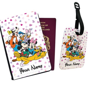 Gepersonaliseerde kunstleren paspoorthoes en bagagelabel met naam, reisaccessoirecadeau, reiscadeau, Disney Mickey Mouse en vrienden