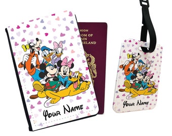 Personalised Faux Leather Passport Cover and Luggage Tag With Name, Travel Accessory Gift, Travel Gift, Disney Mickey Mouse and Friends