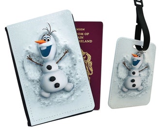 Personalised Stylish Faux Leather Passport Cover & Luggage Tag With Your Name - Disney Frozen Olaf Adventure