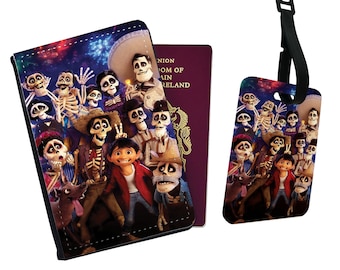 Personalised Faux Leather Passport Cover and Luggage Tag, Travel Accessory Gift, Custom Travel Gift, Disney Coco Miguel