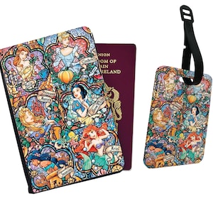 Gepersonaliseerde kunstleren paspoorthoes en bagagelabel, reisaccessoireset, kleurrijk Disney-prinsesmozaïek, cadeau voor haar