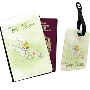 Gepersonaliseerde paspoorthoes, aangepast bagagelabel, Disney-reisset, Disney Peter Pan, Tinker Bell Fairy, cadeau voor haar - voeg je naam toe