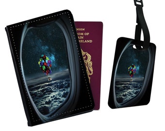 Personalised Stylish Faux Leather Passport Cover & Luggage Tag - Travel Accessories Gift - Disney Up House with Balloons
