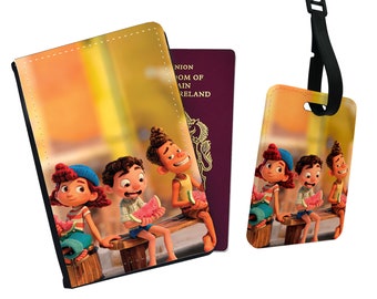 Personalised Faux Leather Passport Cover and Luggage Tag, Travel Accessory Gift, Custom Travel Gift, Disney Luca, Friends Adventure