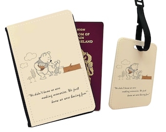 Personalised Faux Leather Passport Cover and Luggage, Travel Accessory Gift Set, Disney Winnie Pooh and Piglet