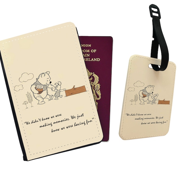 Personalised Faux Leather Passport Cover and Luggage, Travel Accessory Gift Set, Disney Winnie Pooh and Piglet