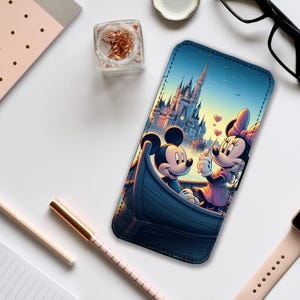 Custodia per telefono con portafoglio e inserti per carte, custodia per telefono personalizzata, Disney Topolino e Minnie a Disneyland