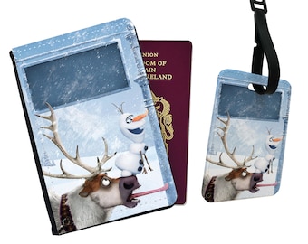 Personalised Stylish Faux Leather Passport Cover & Luggage Tag - Travel Accessories Gift - Disney Frozen Elsa and Anna