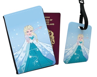 Personalised Faux Leather Passport Cover & Luggage Tag, Travel Accessories Gift, Disney Frozen Elsa, Gift for her, Ice Princess