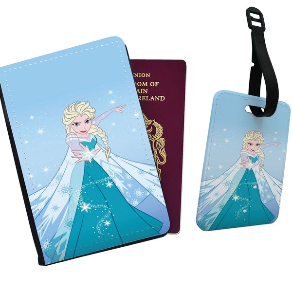 Personalised Faux Leather Passport Cover & Luggage Tag, Travel Accessories Gift, Disney Frozen Elsa, Gift for her, Ice Princess