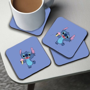 Posavasos personalizados de alto brillo, cuadrados, redondos, con nombre personalizado, Stitch de Disney