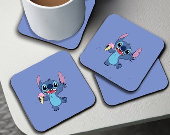Personalised High Gloss Cup Coasters, Square Drink Coaster, Round Coffee Coaster, Personalised Gift with Name, Disney Cute Stitch