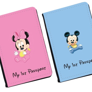 Gepersonaliseerde bijpassende paspoorthoes, aangepast bagagelabel, Disney-babyset Mickey en Minnie, baby's eerste vakantie, cadeau voor zoon en dochter