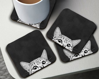 Personalised High Gloss Cup Coasters, Square Drink Coaster, Round Coffee Coaster, Custom Gift with Name, Cute Cat, Cute Pull Dog