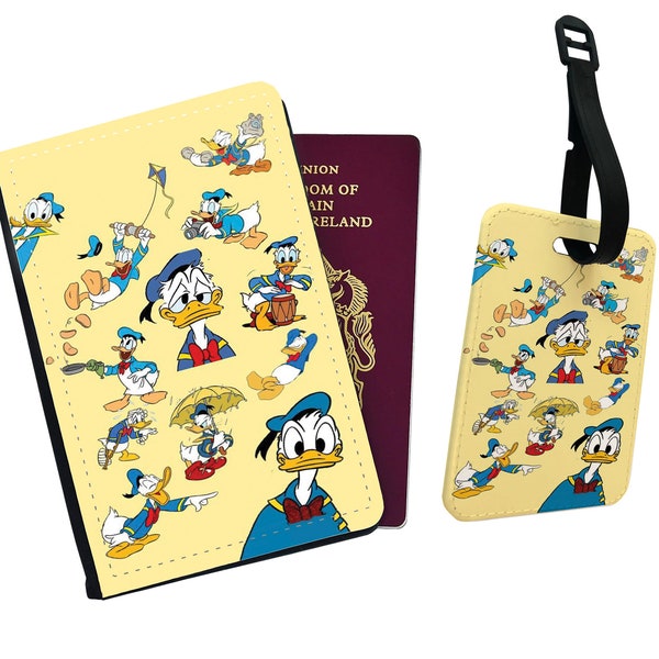 Personalised Faux Leather Passport Cover & Luggage Tag With Your Name, Travel Accessory Set, Disney Donald Duck, Custom Gift Set