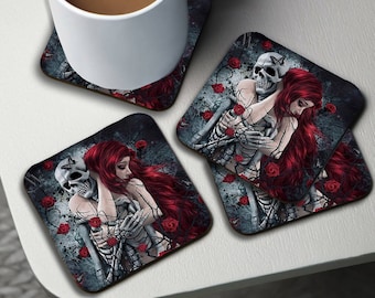 Personalised High Gloss Cup Coasters, Square Drink Coaster, Round Coffee Coaster, Custom Gift, Nightmare before  Christmas,Retro Gothic Love