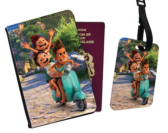 Personalised Faux Leather Passport Cover and Luggage Tag, Travel Accessory Gift, Custom Travel Gift, Disney Luca, Friends Adventure