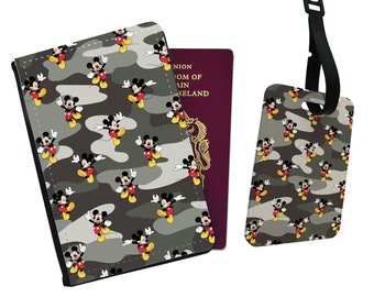 Personalised Faux Leather Passport Cover and Luggage Tag, Disney Mickey Mouse, Travel Accessory Gift Set, First Holiday Travel Set