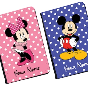 Gepersonaliseerde kunstleren paspoorthoes en bagagelabel met je naam, cadeau reisaccessoires, Disney Minnie Mouse, Mickey Mouse