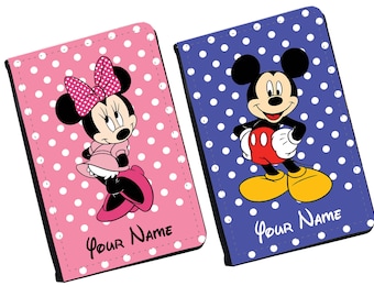 Personalised Faux Leather Passport Cover & Luggage Tag with Your Name, Travel Accessories Gift, Disney Minnie Mouse, Mickey Mouse