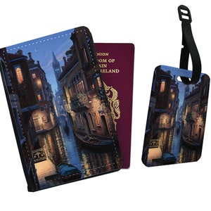 Personalised Stylish Faux Leather Passport Cover & Luggage Tag - Travel Accessories Gift - Vintage Drawing Italy Venice, the City of Canal
