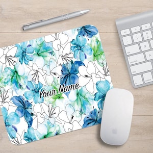 Gaming Mouse Pad, Non-slip Rubber base Mouse Mat, Waterproof Surface, Office Working, Personalised Gift, Blue Elegant Flowers with Your Name