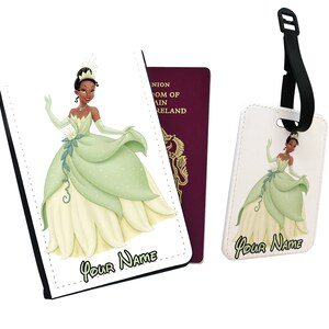 Personalisierte Passhülle, benutzerdefinierte Gepäckanhänger, Disney Prinzessin und der Frosch, Prinzessin Tiana, Reisezubehörset, Kinderpasshalter