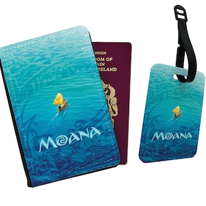 Capa de passaporte de couro sintético personalizada e etiqueta de bagagem, conjunto de acessórios de viagem, conjunto de presente de Natal, desejo de viajar, presente para ela, Disney Moana
