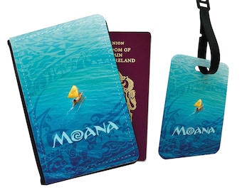 Personalised Faux Leather Passport Cover and Luggage Tag, Travel Accessory Set, Holiday Gift Set, Wanderlust, Gift for her, Disney Moana