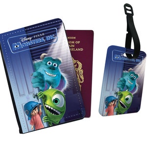 Funda de piel sintética personalizada para pasaporte y etiqueta para equipaje, juego de accesorios de viaje, monstruos de Disney, regalo de viaje para vacaciones