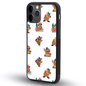 May include: A white iPhone case with a black border and a repeating pattern of a cartoon mouse wearing a green hat.